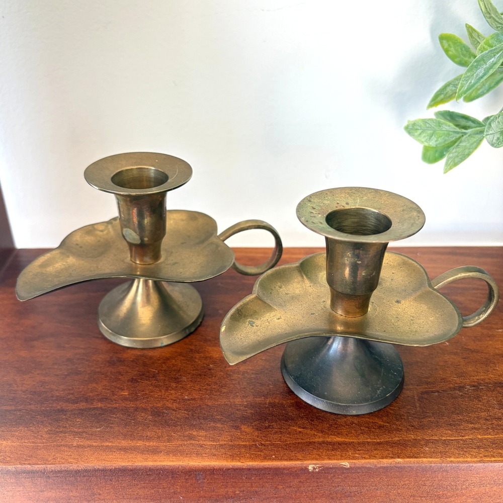 Vintage Brass Leaf Chamberstick Candle Holder Pair with Finger Loop Handle